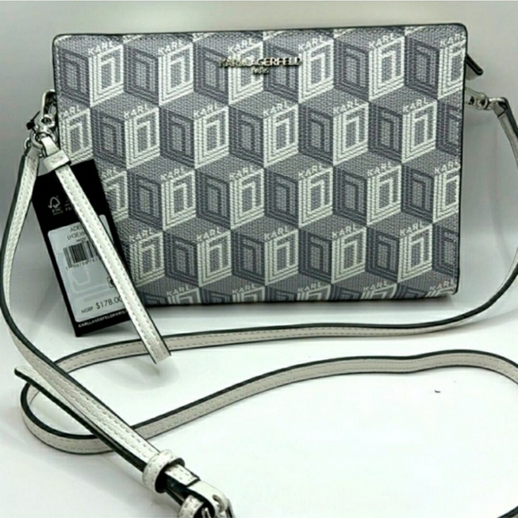 NWT! Rare! Karl Lagerfeld Gray & White Geometric Adele Crossbody / Wristlet Bag - Picture 2 of 10